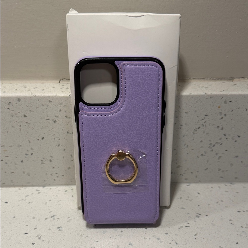 Purple iPhone 14 Pro Case with Gold Ring Holder.